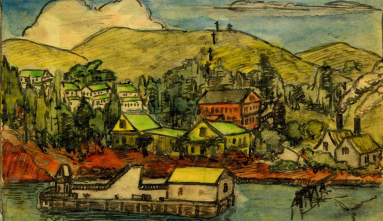a color drawing of an island with trees and a dock in the water
